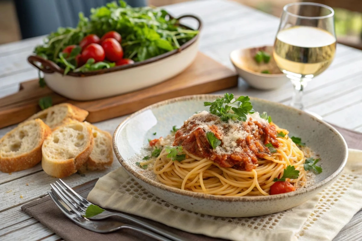 Spaghetti z tuńczykiem w sosie pomidorowym podane na białym talerzu